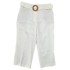 Tahari Linen Blend Cropped Pants Womens 12 White NWT Belted Wide Leg Capri